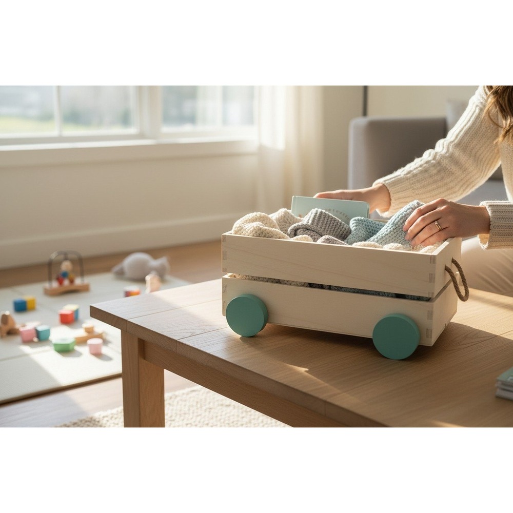 Ankyo Wood Garden Crate Kids OS Tan Turquoise Good Rolling Toy Wagon